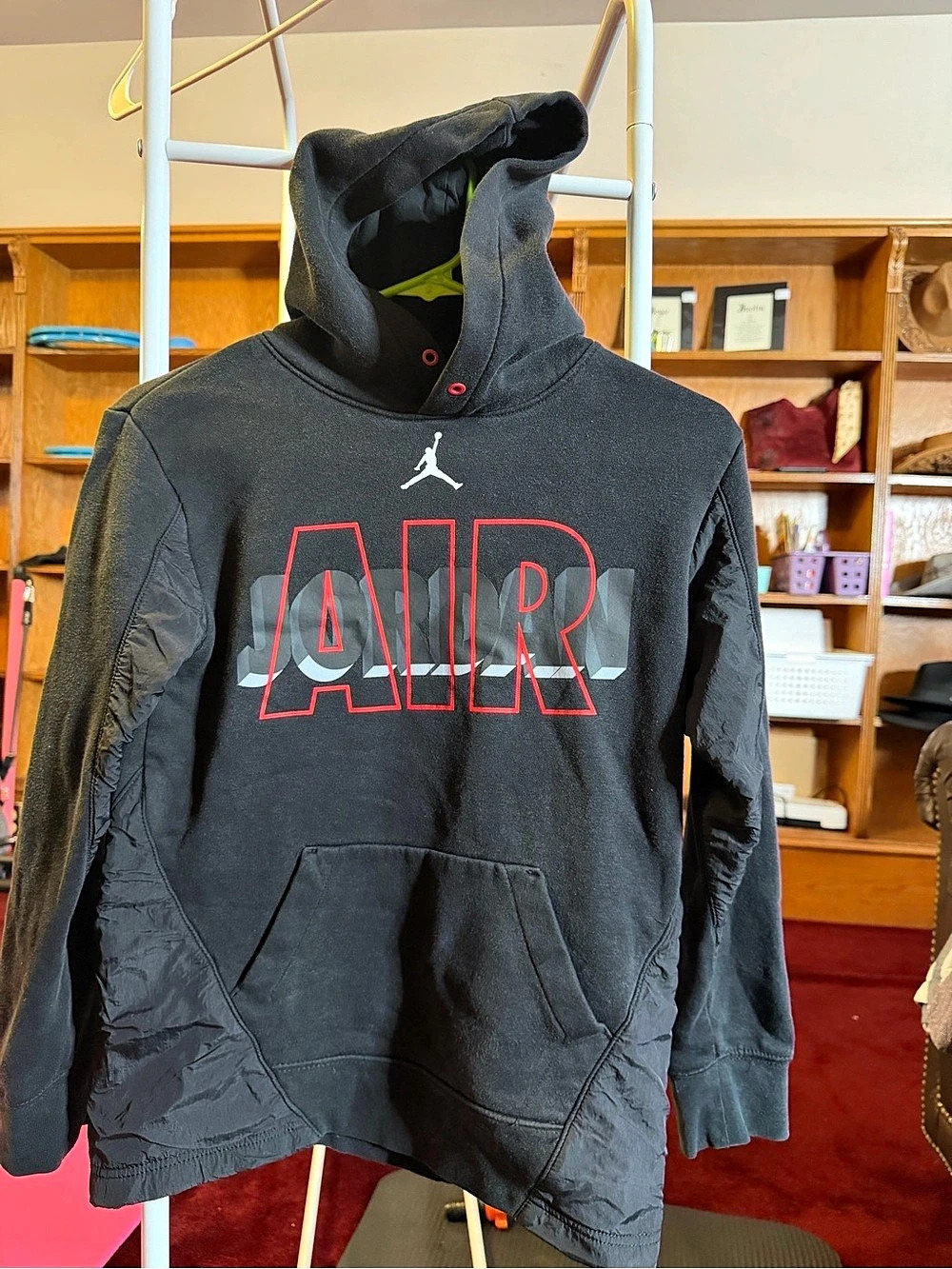 Jordan Youth Large Black Mixed Media Pullover Hoodie Red Sleeve Jumpman L 12-13